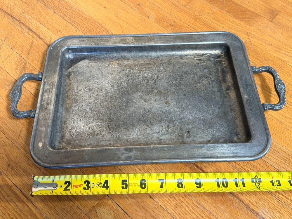 Vintage Silver-Plated Serving Tray w/ Ornate Engraved Design & Handles